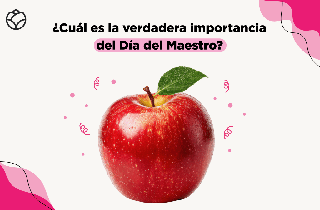 Una manzana roja con una hoja verde y un texto que dice "¡Cuál es la verdadera importancia del Día del Maestro?"