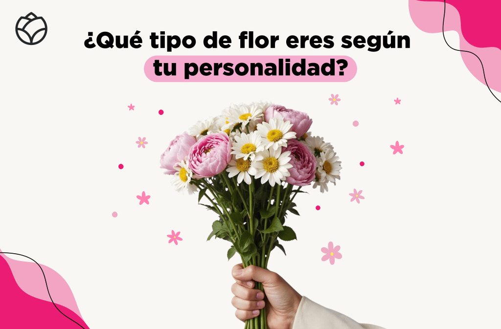 Texto que dice: "¿Qué tipo de flor eres según tu personalidad?" Una mano con un ramo de flores varias