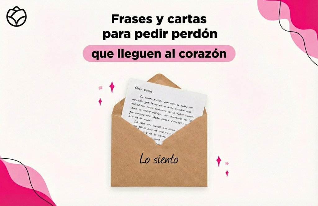 título que dice "frases y cartas para pedir perdón que lleguen al corazón" se ve un sobre abierto con una carta. En el sobre dice "lo siento",