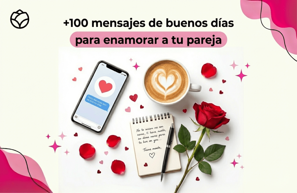 Título: " +100 mensajes de buenos días para enamorar a tu pareja" se ve un celular con un mensaje de texto en un chat, pétalos de rosas alrededor, una libreta, un lapicero, una rosa y una taza de café