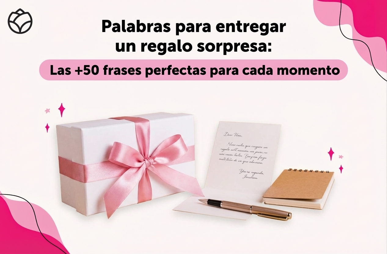 Texto: "palabras para entregar un regalo sorpresa: las+50 perfectas para cada momento" Cja de regalo blanca con un lazo rosa, una carta, una libreta y un lapicero