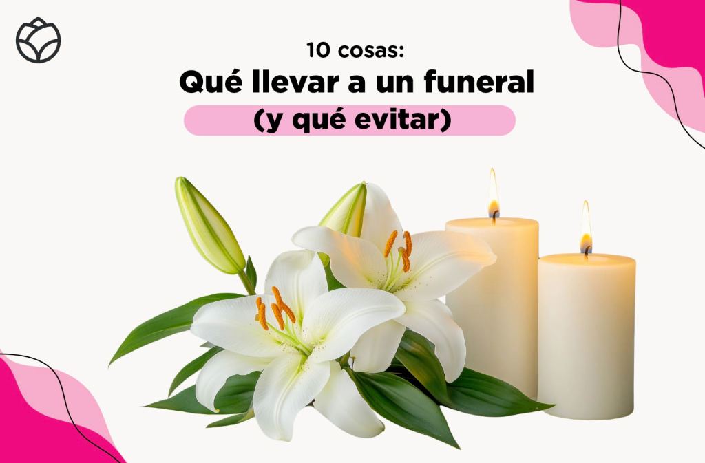 flores blancas y unos velones blancos. Texto: !10 cosas: qué llevar a un funeral (y qué evitar)"